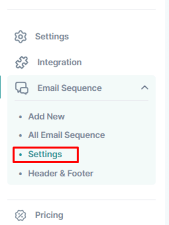 settings menu under email sequence menu