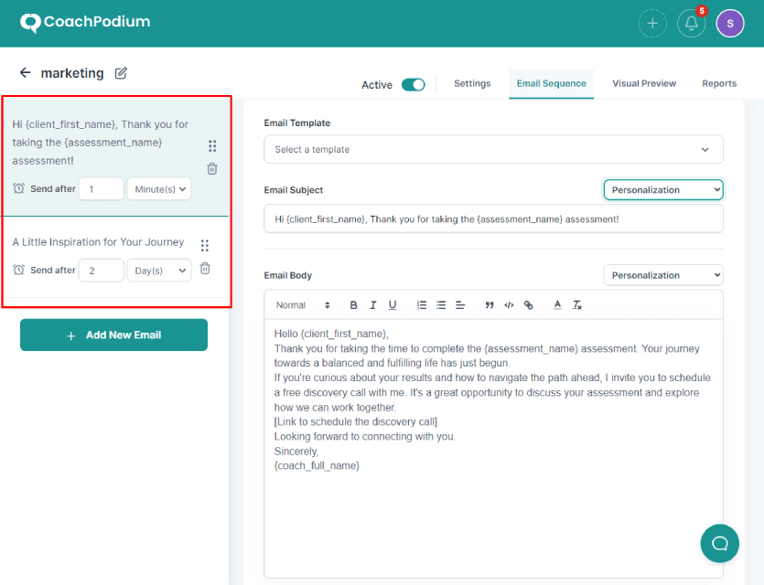 choose email to configure follow up timing