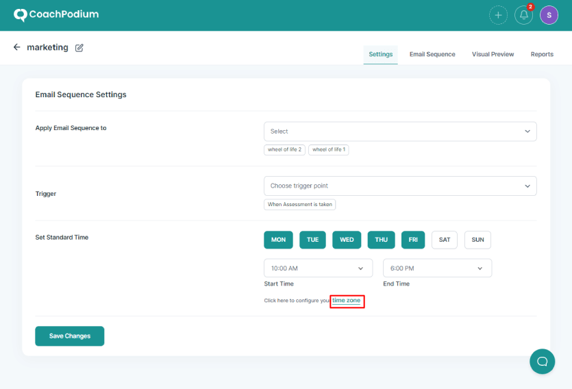 Time zone email settings